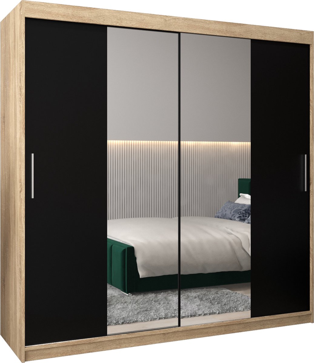 InspireME Kledingkast met 2 schuifdeuren, Modern-stijl, Kledingkast met planken (BxHxD): 200x200x62 - TORM I 200 Sonoma Eik + Zwart Mat