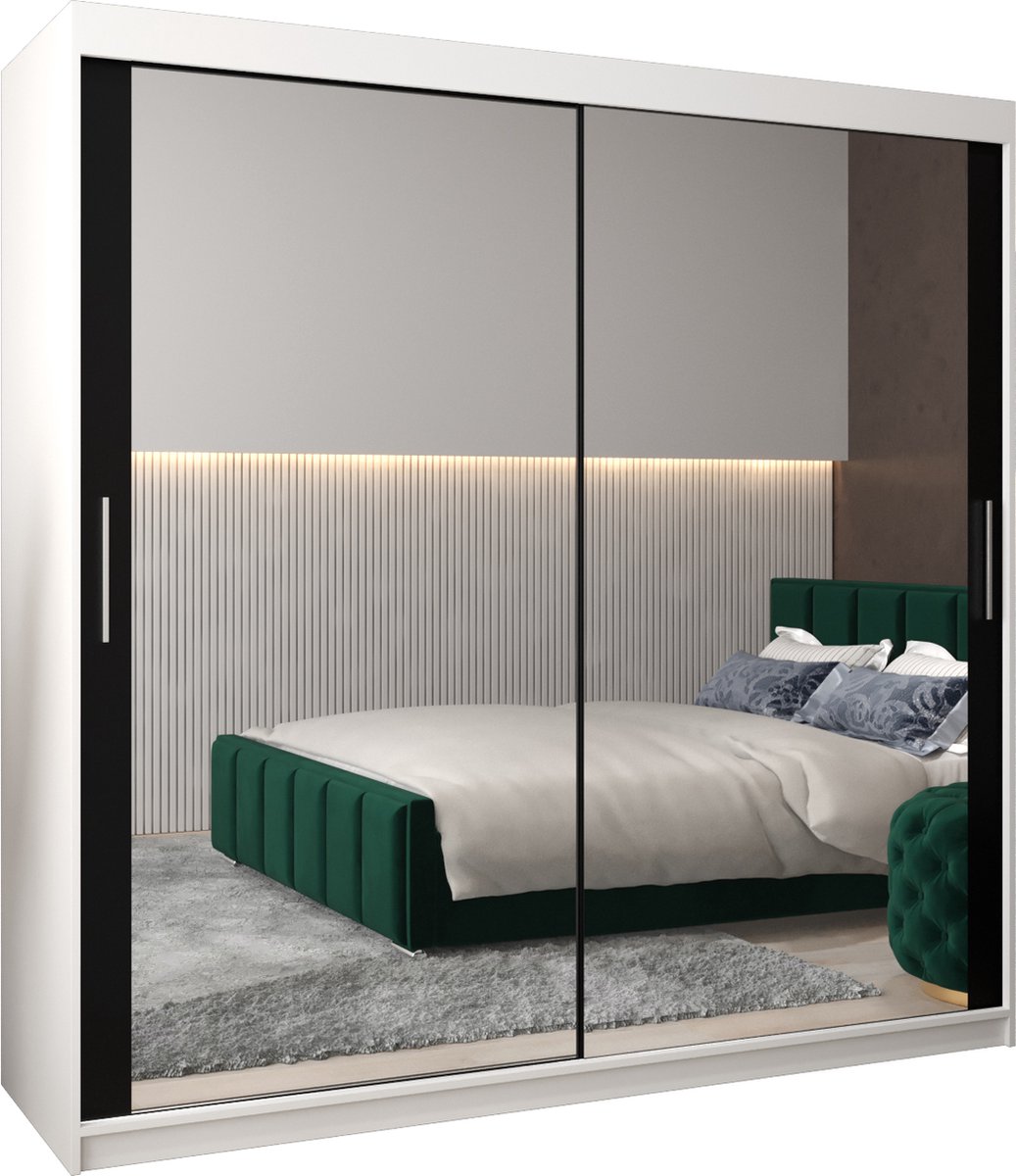 InspireME Kledingkast met 2 schuifdeuren, Modern-stijl, Kledingkast met planken (BxHxD): 200x200x62 - TORM III 200 Wit Mat + Zwart