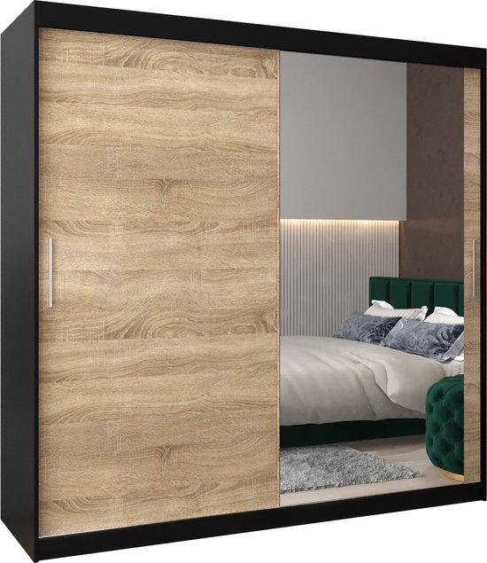 InspireMe - Kledingkast met 2 schuifdeuren, Modern-stijl, Kledingkast met planken (BxHxD): 200x200x62 - TORM II 200 Zwart Mat + Sonoma Eik
