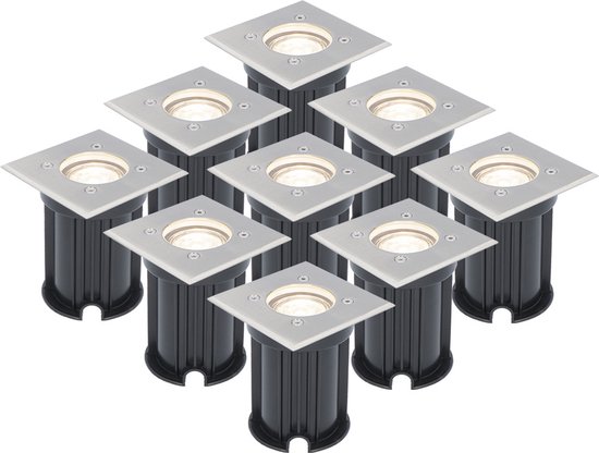 HOFTRONIC 9x HOFTRONIC Ramsay - LED Grondspots voor buiten - Vierkant - RVS - IP65 waterdicht - Verwisselbare GU10 - 5 Watt - 4000K Neutraal wit - 3 jaar garantie