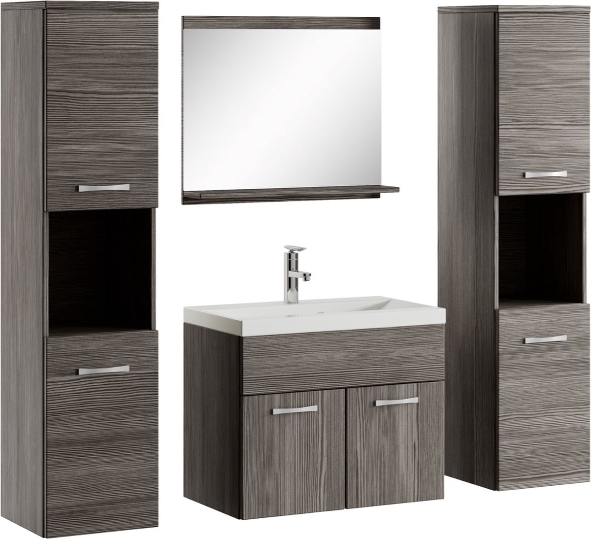 Badplaats Badkamermeubel Set Montreal XL 60 cm x 35 cm - Grijs eiken - Badmeubel met spiegel en zijkasten