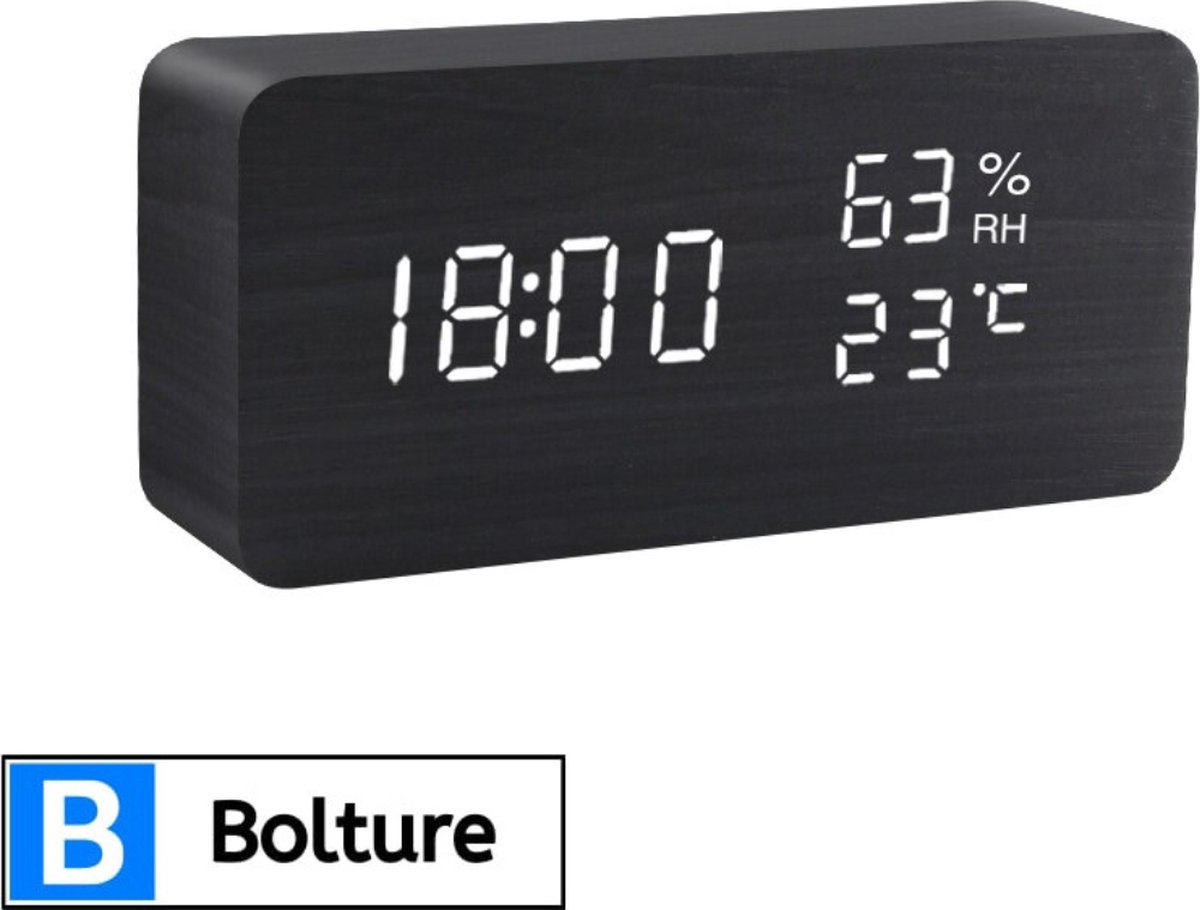 Bolture Reiswekker Digitaal - Houten Wekker Met Alarm - Alarmklok - Temperatuurmeter - Luchtvochtigheidsmeter - Zwart