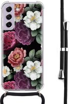 Hoesje met koord - Geschikt voor Samsung Galaxy S21 FE - Flowers - Verstelbaar zwart koord - Crossbody - Bloemen - Transparant, Multi - Leuke Telefoonhoesjes