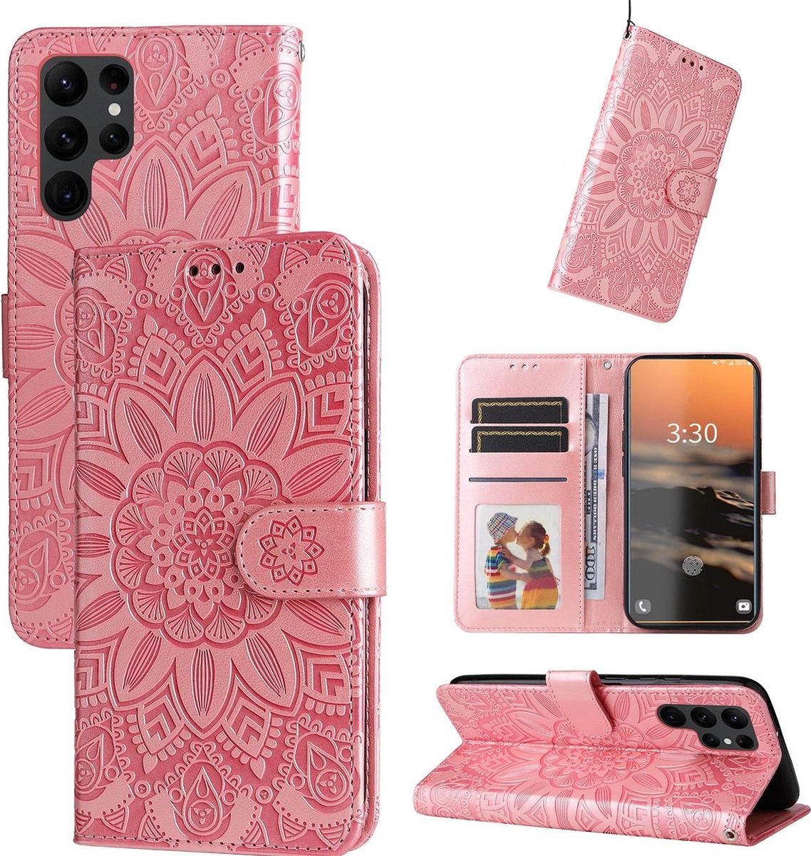 Mobigear Telefoonhoesje geschikt voor Samsung Galaxy S23 Ultra Hoesje | Mobigear Sunflower Bookcase Portemonnee | Pasjeshouder voor 2 Pasjes | Telefoonhoesje voor Pinpas / OV Kaart / Rijbewijs - Roze