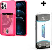 ShieldCase Shock case met pashouder geschikt voor Apple iPhone 12 / 12 Pro - 6.1 inch - Roze/rood + glazen Screen Protector