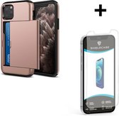 ShieldCase Kaarthouder case met slide geschikt voor Apple iPhone 12 / 12 Pro - 6.1 inch - roze + glazen Screen Protector