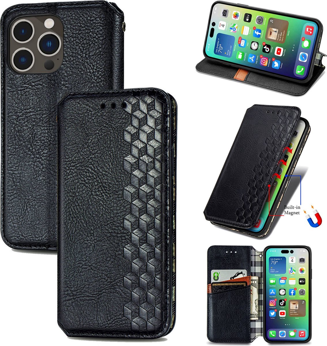 Luxe PU Lederen Ruitpatroon Wallet Case + Screenprotector voor iPhone 14 Pro _ Zwart