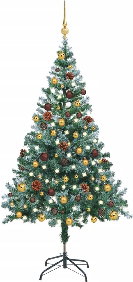 Prolenta Premium - Kerstboom met LED's en kerstballen en dennenappels sneeuw 150cm