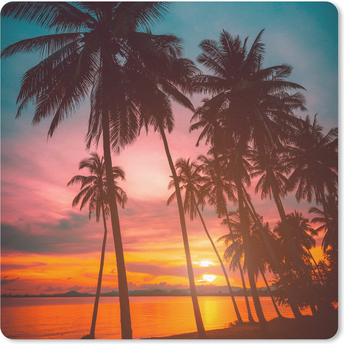 Muismat 20x20 cm - Mousepad Zee - Palmboom - Zonsondergang - Strand - Silhouette - Muismatten