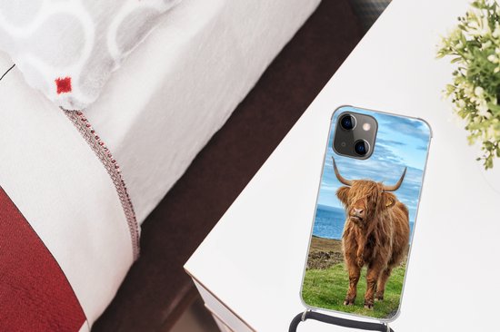 Coque avec cordon iPhone 13 Mini - Highlander écossais - Water - Cornes - Siliconen - Bandoulière - Coque arrière avec cordon - Coque pour téléphone avec cordon - Coque avec corde