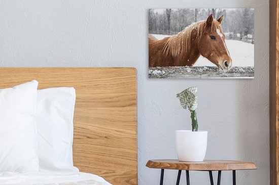 Tableau sur toile Cheval - Flocon de neige - Clôture - Hiver - 30x20 cm - Décoration murale