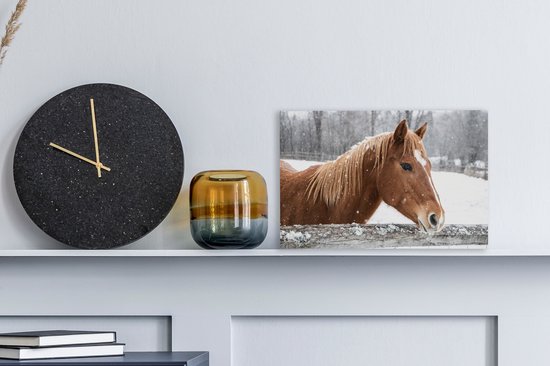 Tableau sur toile Cheval - Flocon de neige - Clôture - Hiver - 30x20 cm - Décoration murale