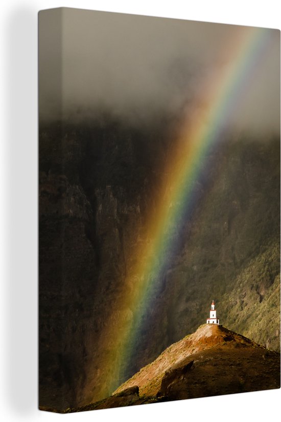 Canvas Schilderij Toren - Regenboog - Berg - 90x120 cm - Wanddecoratie