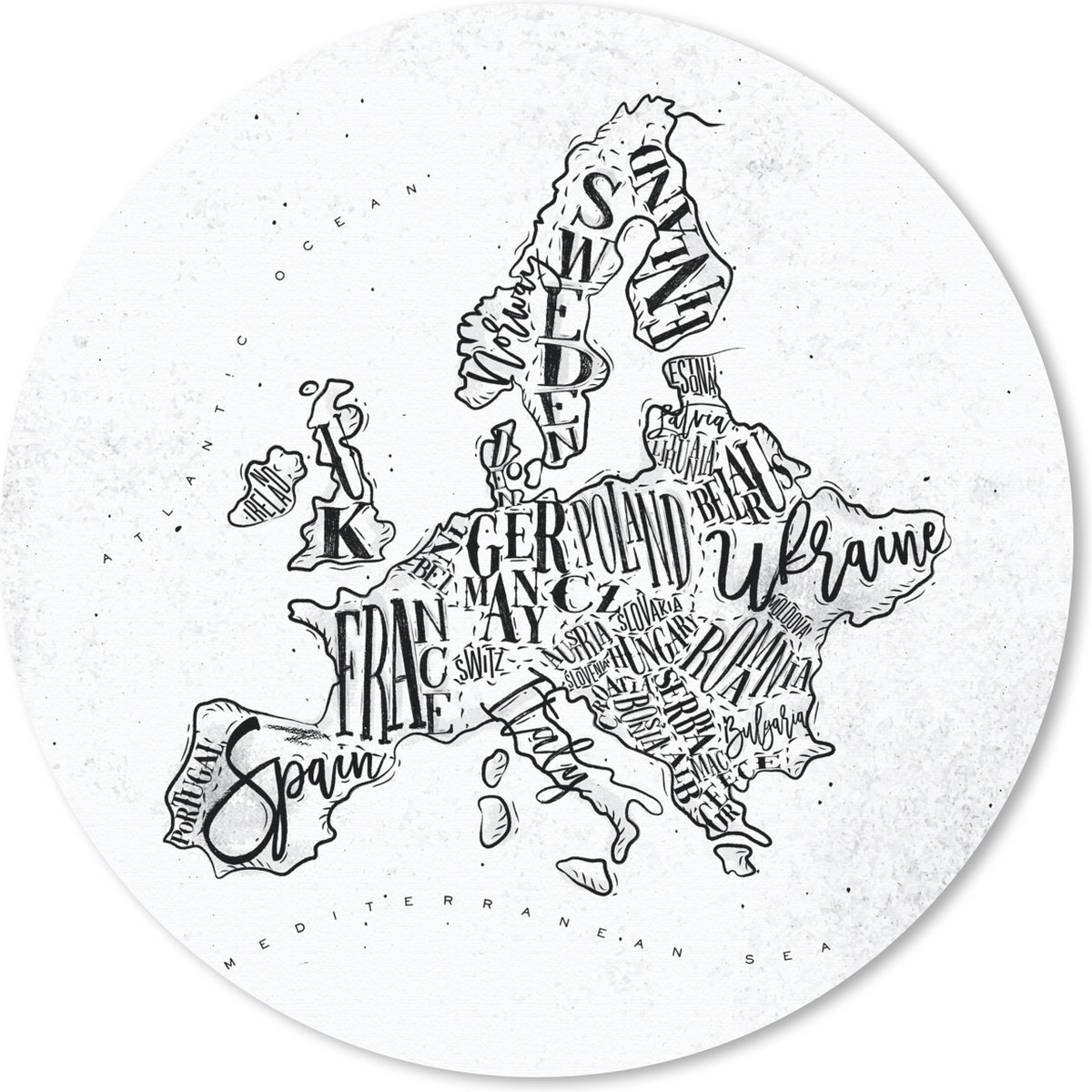 Muismat rond 30x30 cm - Mousepad Kaart - Europa - Zwart - Wit - Ronde muismatten