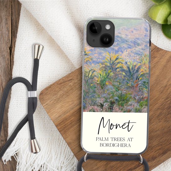Convient pour Apple iPhone 14 Plus - Étui à bandoulière - Monet - Art - Palmiers à Bordighera - Siliconen - Bandoulière - Coque arrière avec cordon - Étui pour téléphone avec cordon - Étui avec corde