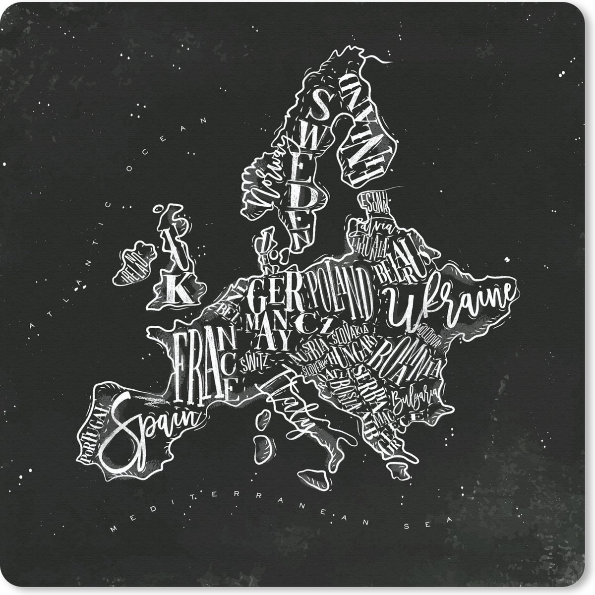 Muismat 30x30 cm - Mousepad Kaart - Europa - Zwart - Wit - Muismatten