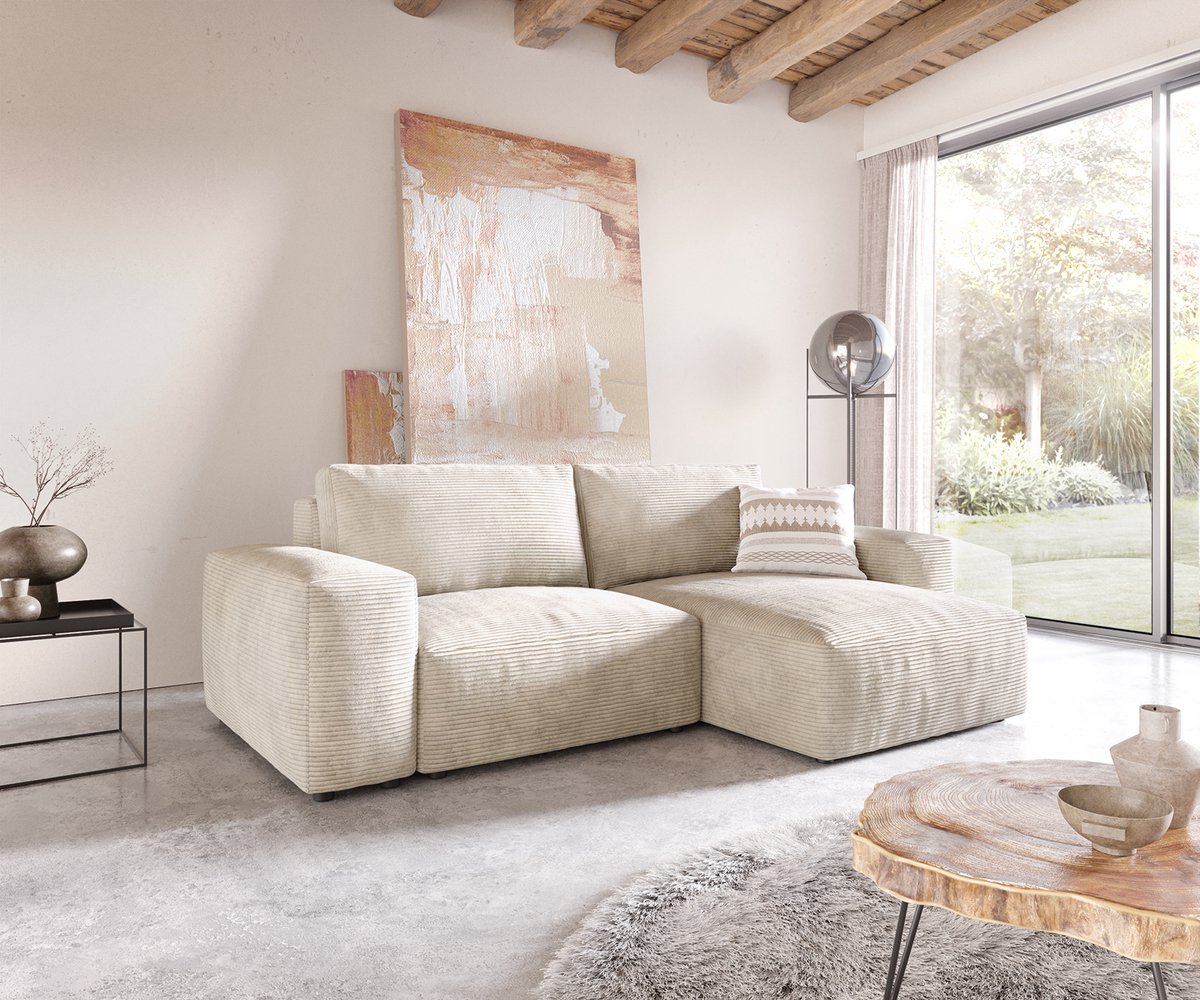 Hoeksofa Lanzo ribcord beige 230x155 cm met variabele recamière