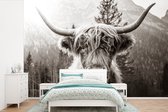 Behang - Fotobehang Schotse hooglander - Koe - Dieren - Zwart - Wit - Breedte 360 cm x hoogte 240 cm