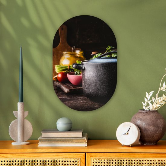Ovale mural - Ovale mural - Décoration murale murale en plastique - Peinture ovale - Rustique - Nature morte - Pan - Légumes - 40x60 cm - Forme miroir ovale sur plastique