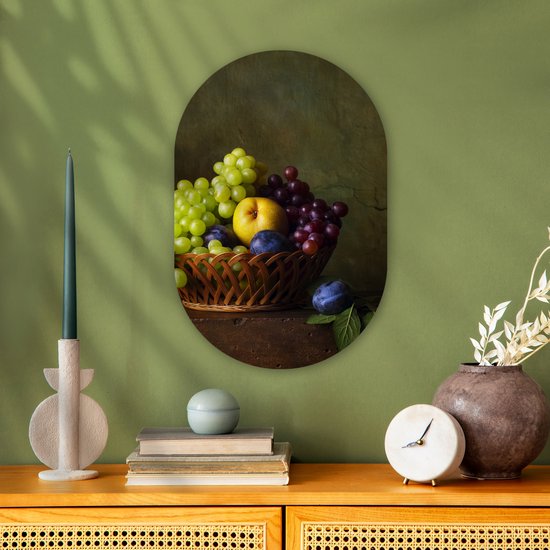 Ovale mural - Ovale mural - Décoration murale en plastique - Peinture ovale - Rustique - Fruits - Canette - Panier - Nature morte - 40x60 cm - Forme miroir ovale sur plastique