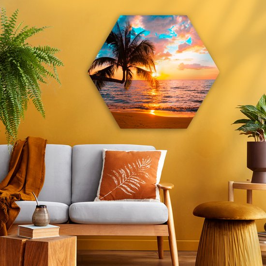 Décoration murale Hexagone - Décoration murale en plastique - Tableau Hexagone - Palmier - Coucher de soleil - Horizon - Plage - Mer - Tropical - 75x65 cm