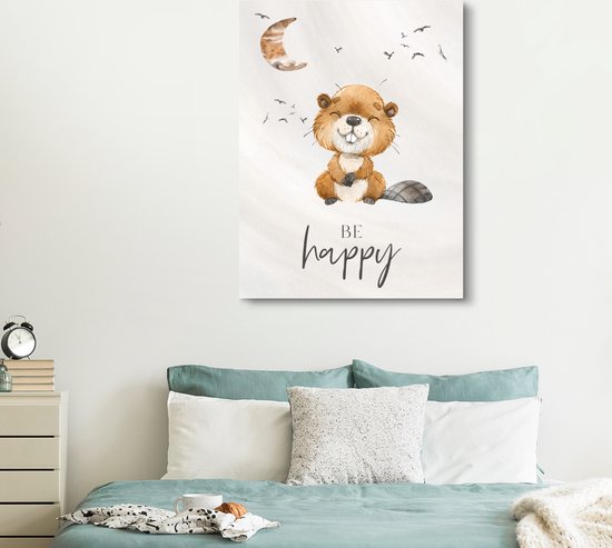 Canvas kids - Be happy - Jongen - Bever - Waterverf - Maan - Foto op canvas - Wanddecoratie kinderkamers - 120x160 cm - Kinderkamer decoratie - Foto op Canvas