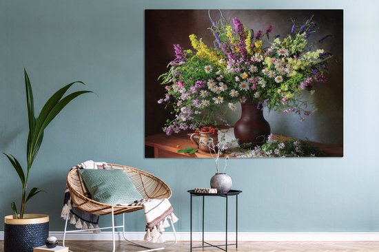 Toile Peinture Fleurs - Tableau - Nature Morte - Bouquet - Vase - 160x120 cm - Décoration murale XXL
