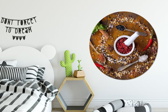 WallCircle - Cercle mural - Cercle mural d'intérieur - Mortier - Herbes - Cuillères - Épices - Marron - Poivre - 120x120 cm - Décoration murale - Peintures ronds XXL