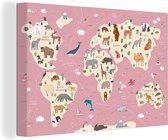 Muurdecoratie kinderkamer - Canvas doek kids - Wereldkaart - Aarde - Dieren - Roze - Kinder decoratie - Canvas kinderen - 150x100 cm