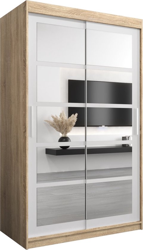 InspireMe - Kledingkast met 2 schuifdeuren, Modern-stijl, Een kledingkast met planken en een spiegel (BxHxD): 120x200x62 - VENEZIA II 120 Sonoma Eik + Wit Mat