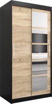 InspireMe - Kledingkast met 2 schuifdeuren, Modern-stijl, Een kledingkast met planken en een spiegel (BxHxD): 100x200x62 - VENEZIA I 100 Zwart Mat + Sonoma Eik met 2 lades