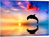 WallClassics - Acrylglas - Silhouet van Dolfijn bij Ondergaande Zon in het Water - 100x75 cm Foto op Acrylglas (Met Ophangsysteem)