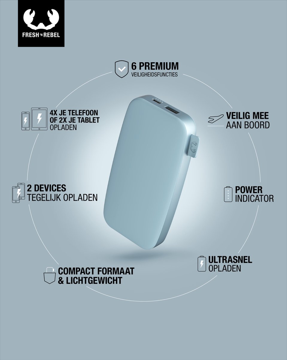 Fresh Powerbank 12000 mAh Ultra Snellader Lichtblauw - afbeelding 3