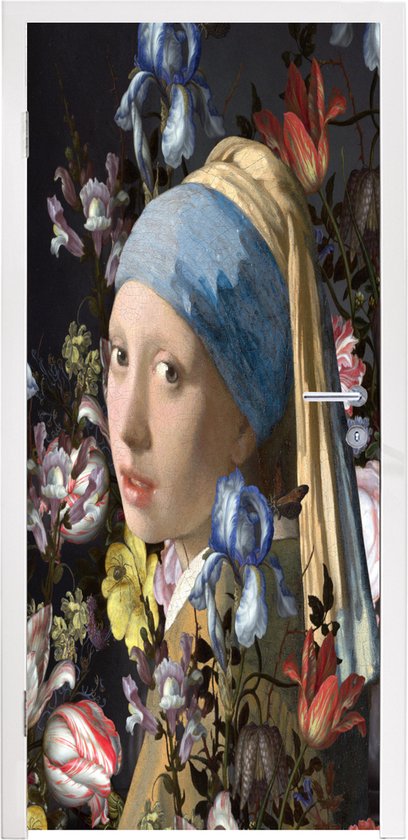 Deursticker Meisje met de parel - Johannes Vermeer - Bloemen - 90x215 cm - Deurposter