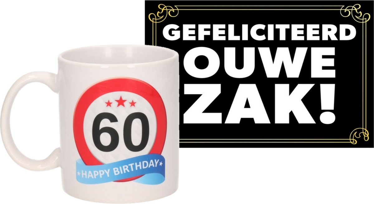 Verjaardag cadeau mok/beker 60 jaar print 300 ml + A5-size wenskaart ouwe zak