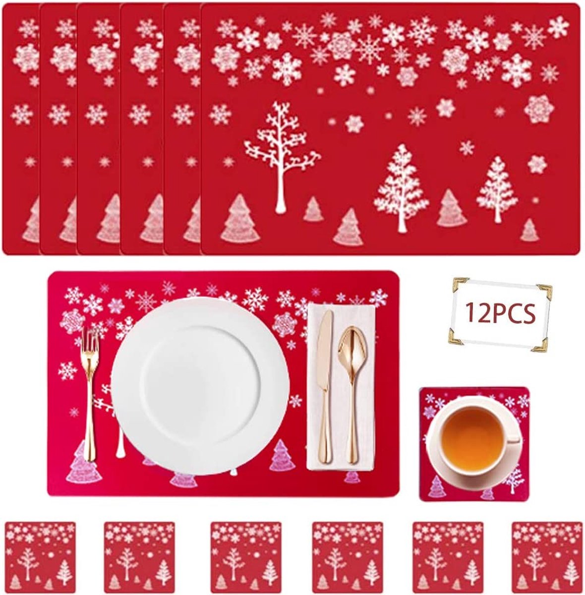 12 stuks placemats voor Kerstmis, wasbaar, hittebestendige placemats, placemats voor eettafel, Kerstmis, pvc