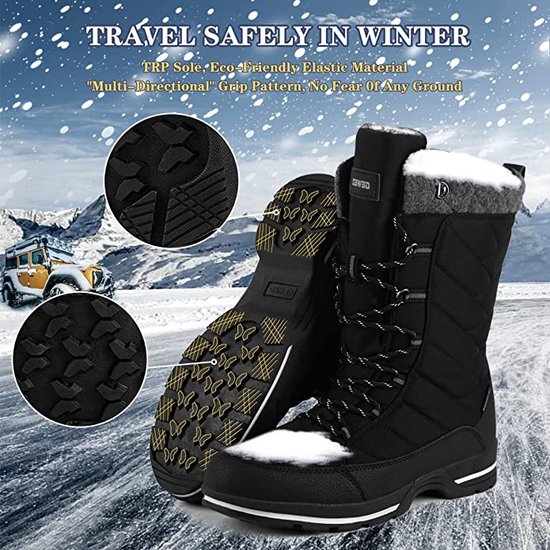 Winter Sneeuwlaars Dames - Waterdichte Sneeuwlaarzen - Winter Fleece Gevoerd Warme Winterlaarzen - Snowboots Antislip Outdoor - Zwart - Maat 40