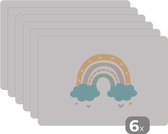 Placemat kinderen - Placemat - Placemats kunststof - Regenboog - Hartjes - Wolken - Stippen - Pastel - Kinderen - 45x30 cm - 6 stuks - Hittebestendig - Anti-Slip - Onderlegger - Afneembaar