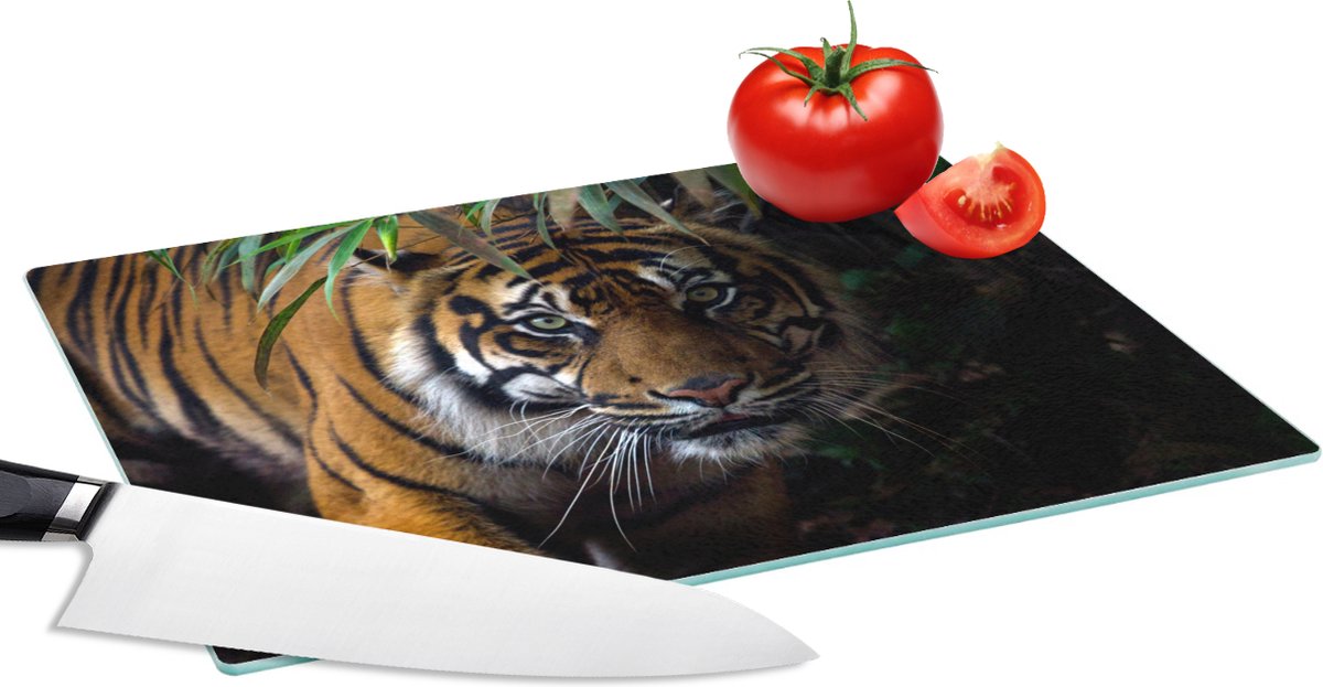 Glazen Snijplank - 28x20 - Tijger - Bladeren - Jungle - Dieren - Wild - Snijplanken Glas