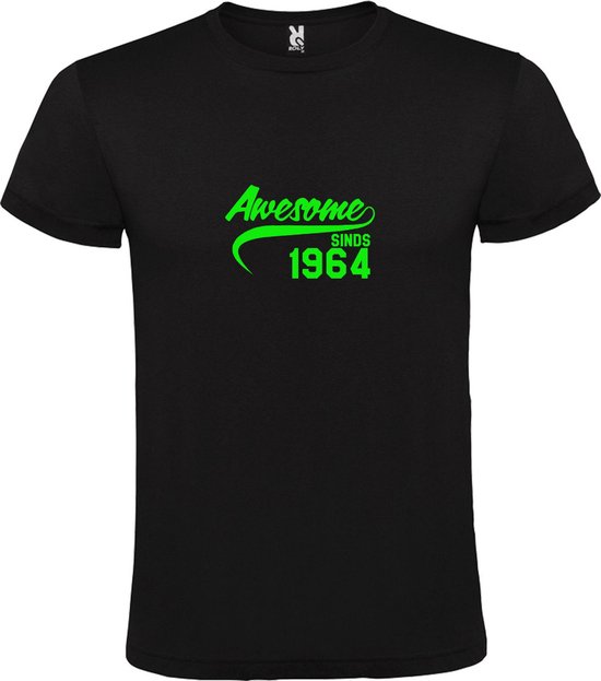 Zwart T-Shirt met “Awesome sinds 1964 “ Afbeelding Neon Groen Size XS