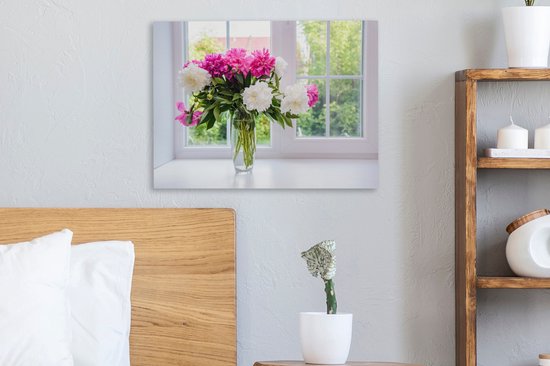Canvas Schilderij Bloemen - Pioenrozen - Vaas - 40x30 cm - Wanddecoratie