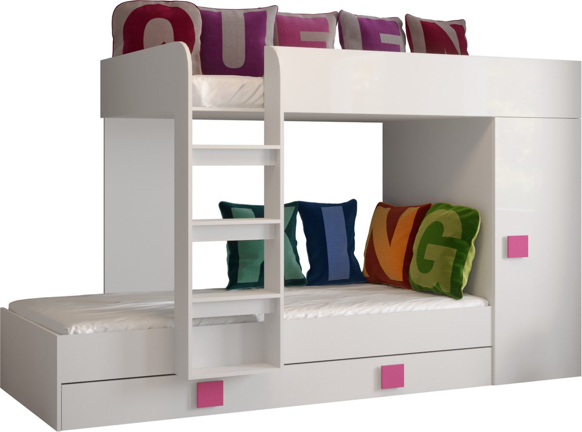 Stapelbed LEDO 2 - Antresola - 90X200 cm - naar de Kinderkamer - Wit + Roze handvatten (met Matras)