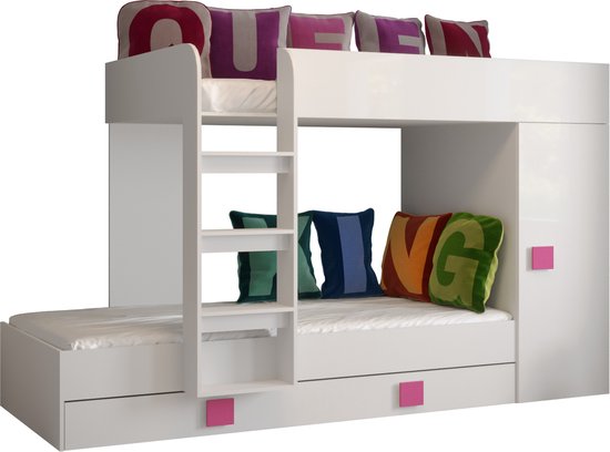 InspireMe - Stapelbed LEDO 2 - Antresola - 90X200 cm - naar de Kinderkamer - Wit + Roze handvatten (met Matras)