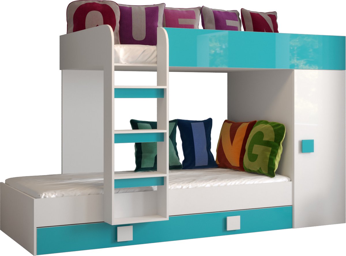 Stapelbed LEDO 2 - Antresola - 90X200 cm - naar de Kinderkamer - Wit + Turkoois (zonder Matras)