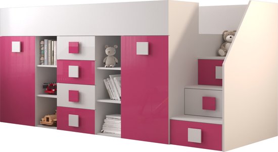 InspireMe - Stapelbed LEDO 3 - Antresola - 90X200 cm - naar de Kinderkamer - Wit + Roze (met Matras)