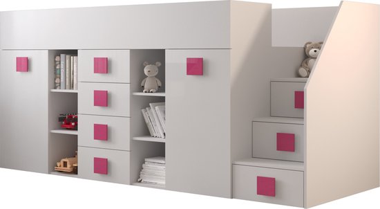 InspireMe - Stapelbed LEDO 3 - Antresola - 90X200 cm - naar de Kinderkamer - Wit + Roze handvatten (met Matras)