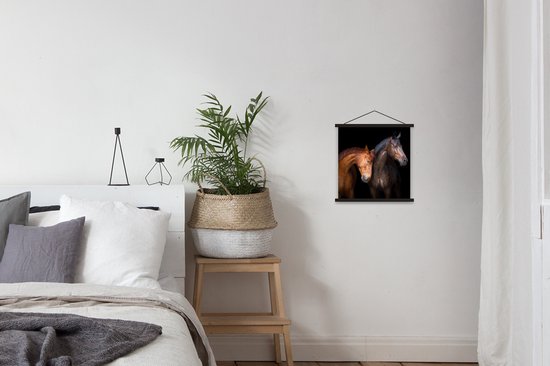 Porte-affiche avec affiche - Affiche scolaire - Paarden - Animaux - Portrait - Marron - 40x40 cm - Lattes noires