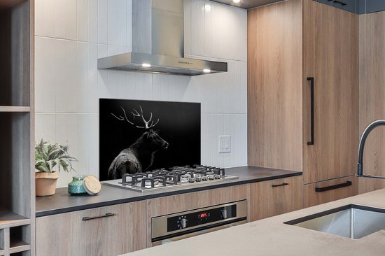 Spatscherm keuken 100x65 cm - Kookplaat achterwand Hert - Zwart - Portret - Gewei - Dieren - Muurbeschermer - Spatwand fornuis - Hoogwaardig aluminium
