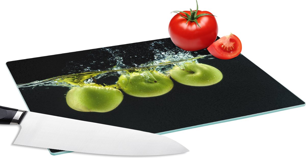 Glazen Snijplank - 28x20 - Appels - Fruit - Water - Zwart - Groen - Snijplanken Glas