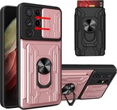 Hoesje Geschikt Voor Samsung Galaxy S21 Ultra hoesje met pashouder - camera bescherming cover en ring houder – Rosegoud – oTronica
